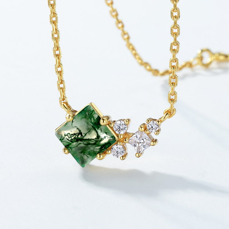 S925 Sterling Silver Gold-Plated Moss Agate Geometric Necklace