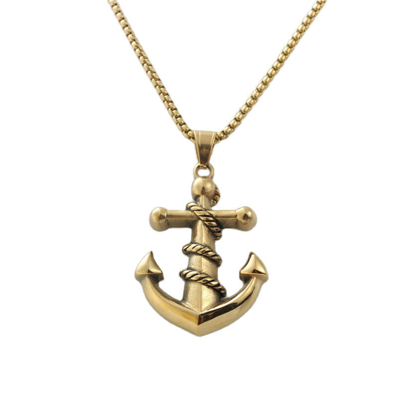 Titanium Steel Gold Anchor Hook Pendant Necklace for Men - Retro Trendy Design