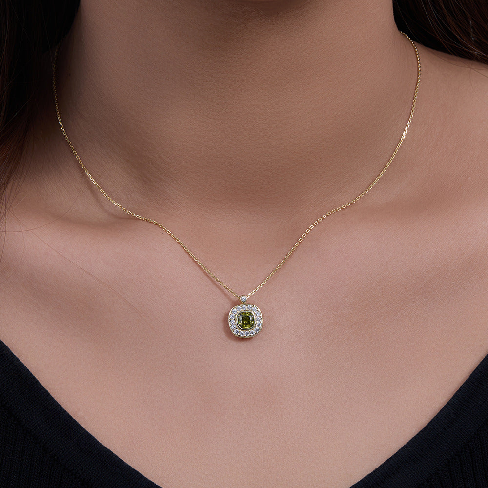 S925 Sterling Silver Square Zircon Pendant Necklace Olivine High Sense