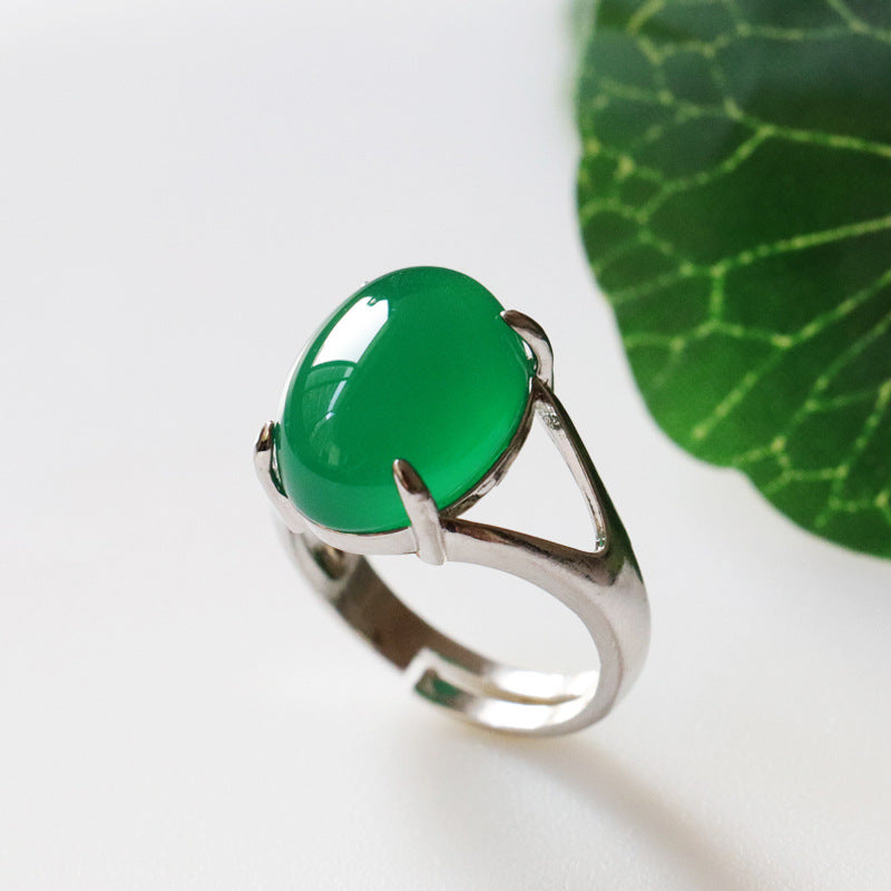 Modern Split Shank Sterling Silver Ring with Oval Green Chalcedony