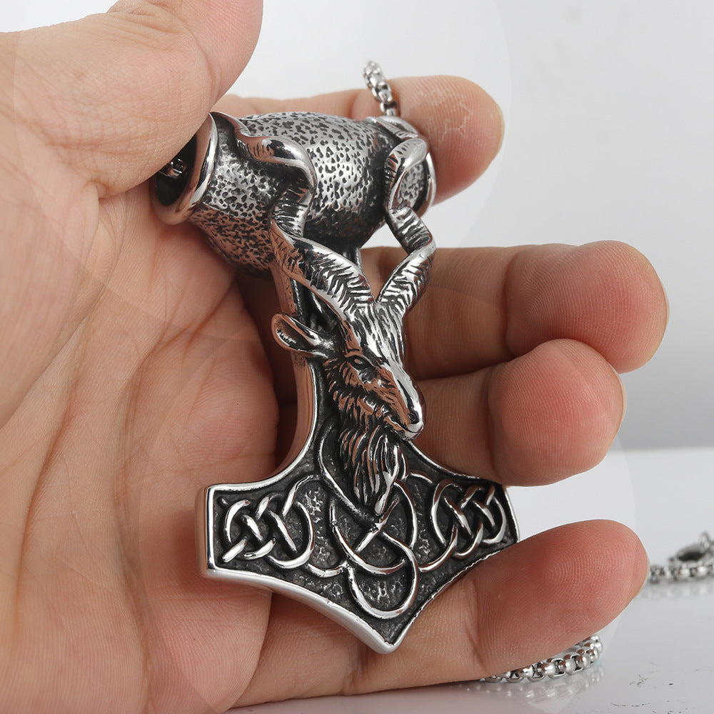 Titanium Steel Thor Hammer Pendant Necklace for Men - Retro Punk Animal Antelope Design