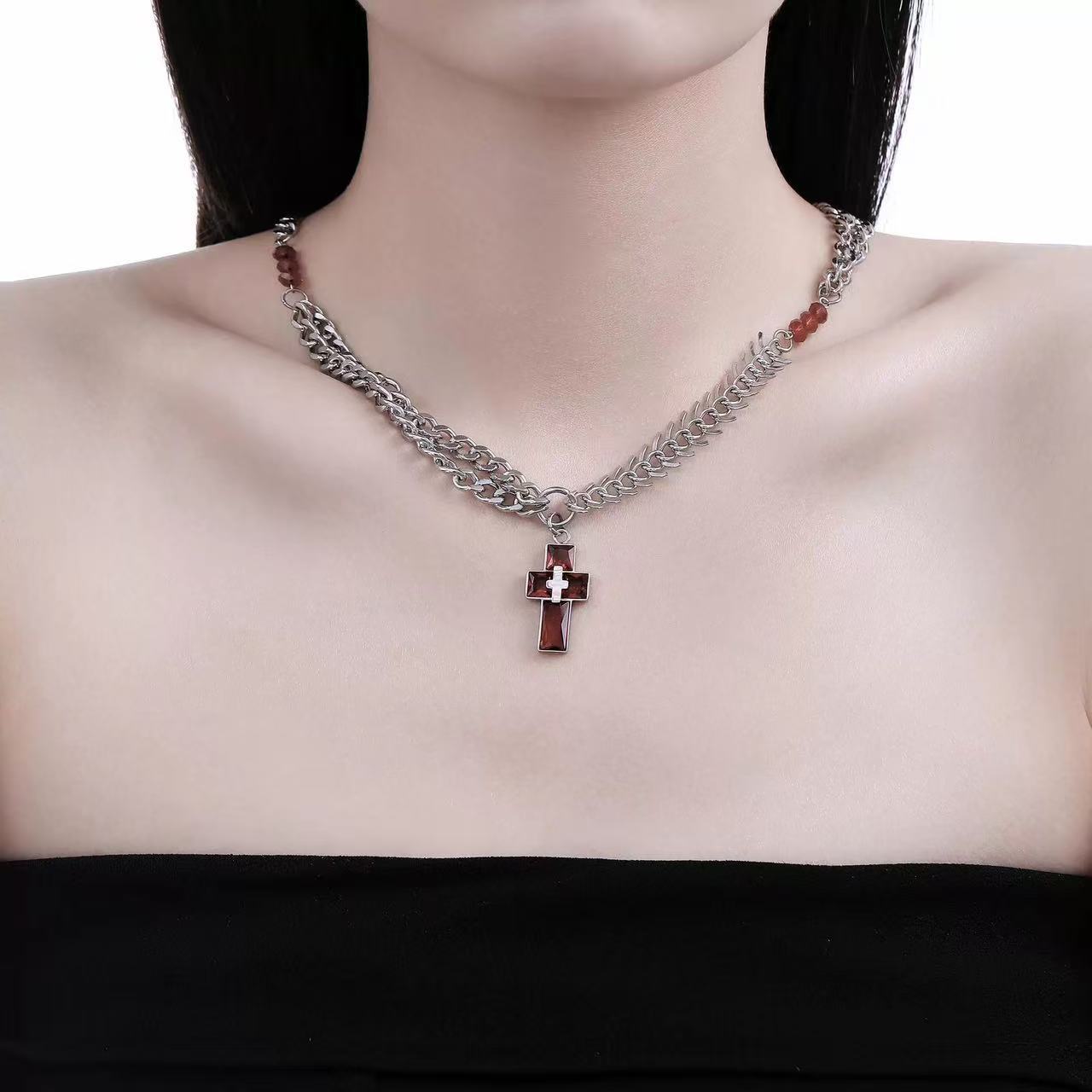 Planderful Jewelry Steel Fishbone Chain Cross Pendant Necklace