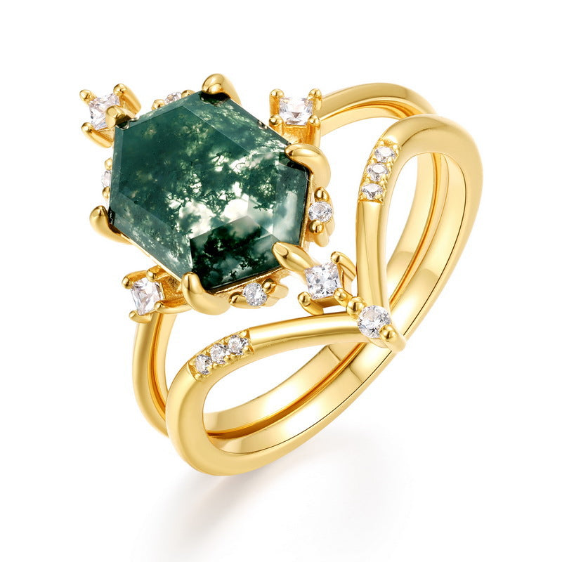 Planderful Jewelry Moss Agate Ring, Sterling Silver Hexagon