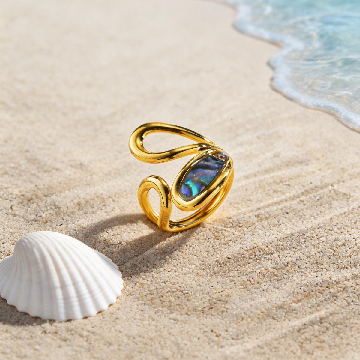 Hot-Selling Special-Shaped White Shell Stainless Steel Ring Design Leaf Opening