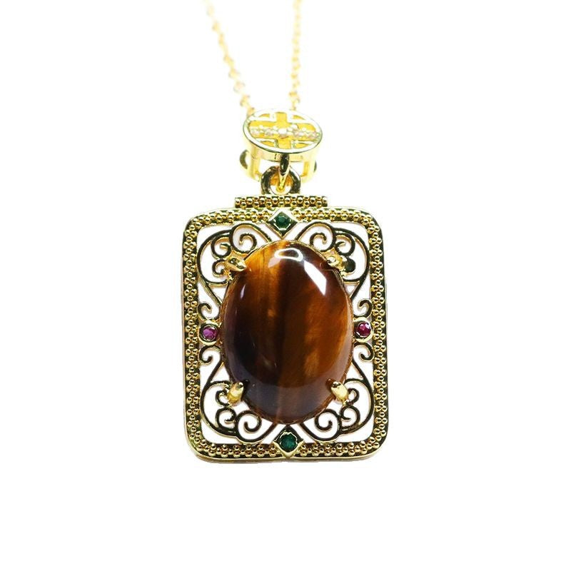 Yellow Tiger Eye Openwork Square Pendant — No Chain