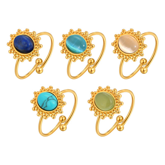 Stainless Steel 18k Gold Lace Oval Natural Stone Open Ring