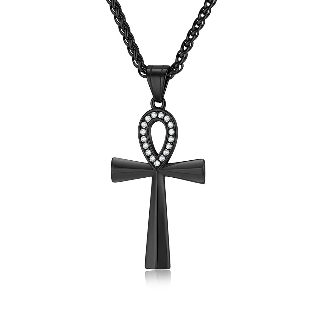 Planderful Ankh Zircon Cross Necklace For Men Titanium Steel Pendant With Inlaid Zircon Stones