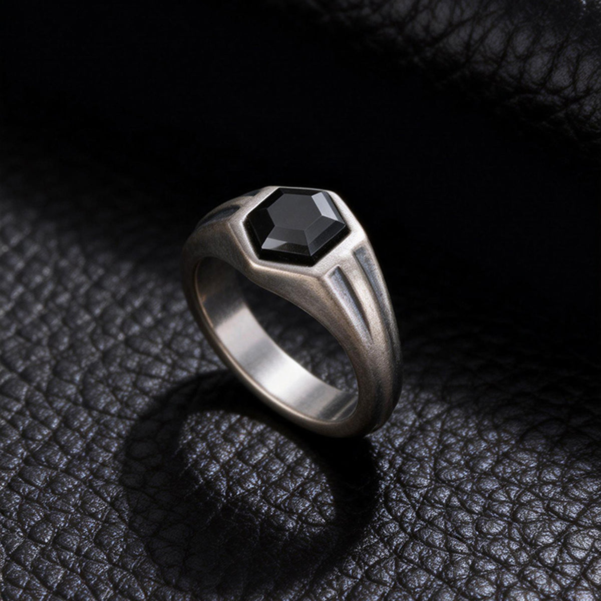 Geometric Explosion Stainless Steel Hexagonal Black Zirconium Ring Ancient Silver