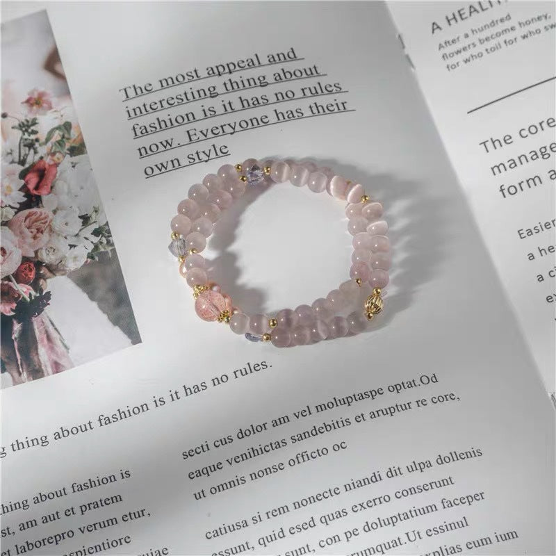 Strawberry Quartz Pearl Crystal Double-Wrap Bracelet