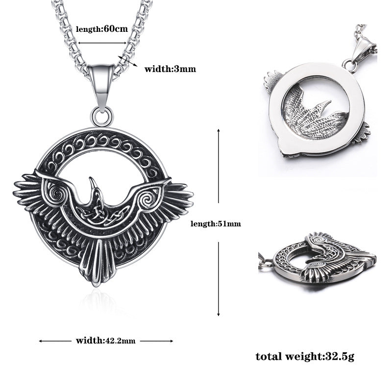 Steel Necklace - Vintage Nordic Celtic Viking Crow Pendant For Men With Bold Statement Look