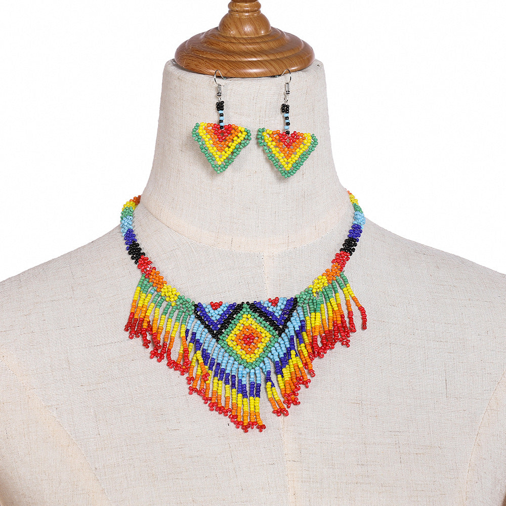 Three-Piece African-Inspired Rice Bead Necklace Set with Elastic Design