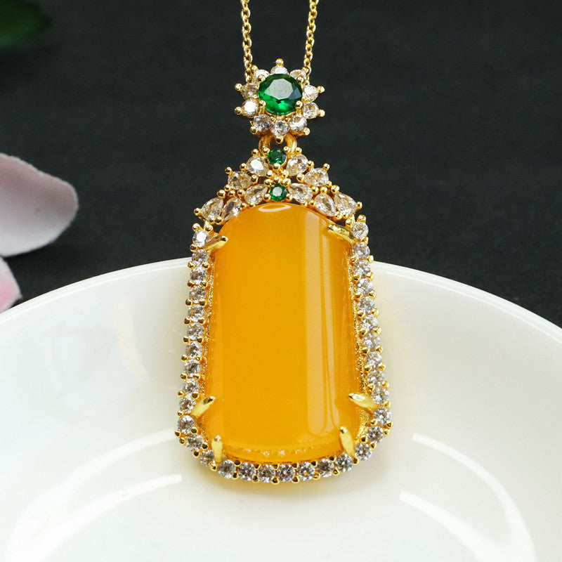 Golden Necklace with Yellow Chalcedony Pendant and Zircon Jewelry