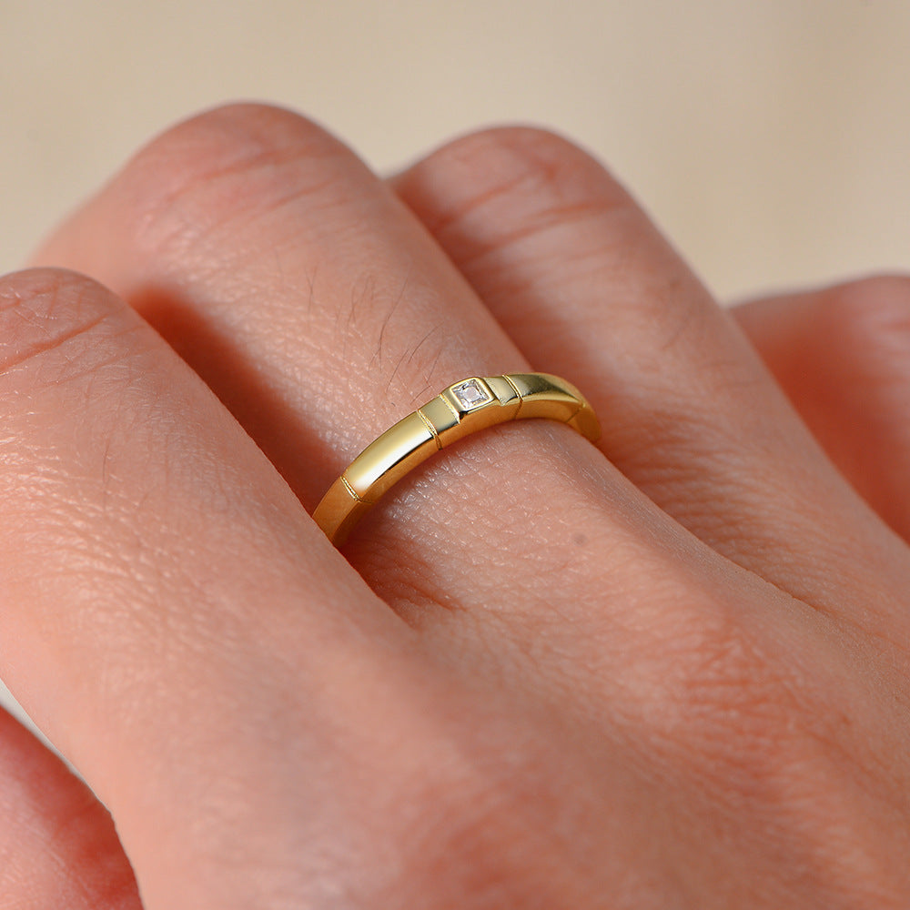 Geometric Square Inlaid Zircon Sterling Silver Ring, Personal Ring