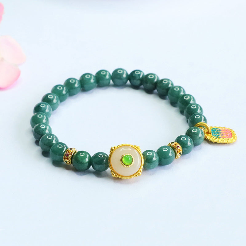 Blue Water Jadeite Script-Accent Beaded Bracelet