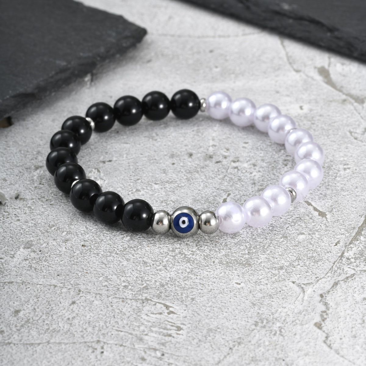 Devil's Eye Pearl Black Stainless Steel Bracelet for Men