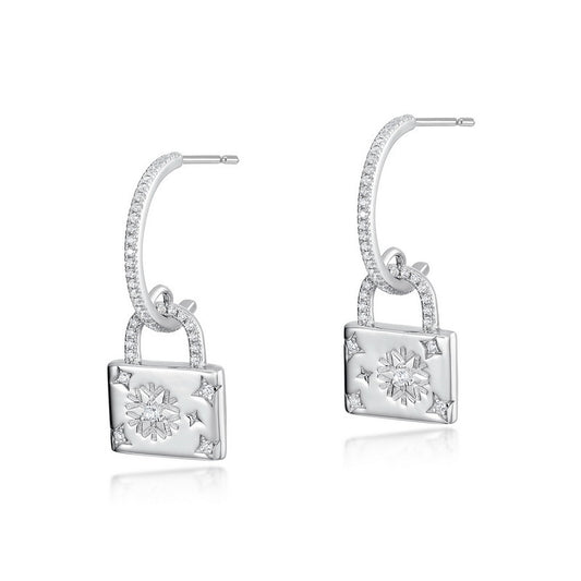 Snowflake Lock Pendant C Shape Zircon Sterling Silver Drop Earrings