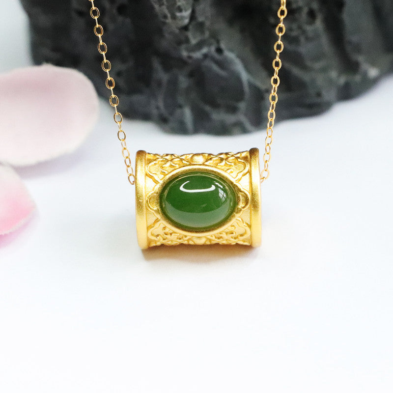 Sterling Silver Oval Hetian Jade Jasper Bead Necklace with Golden Bucket Detail