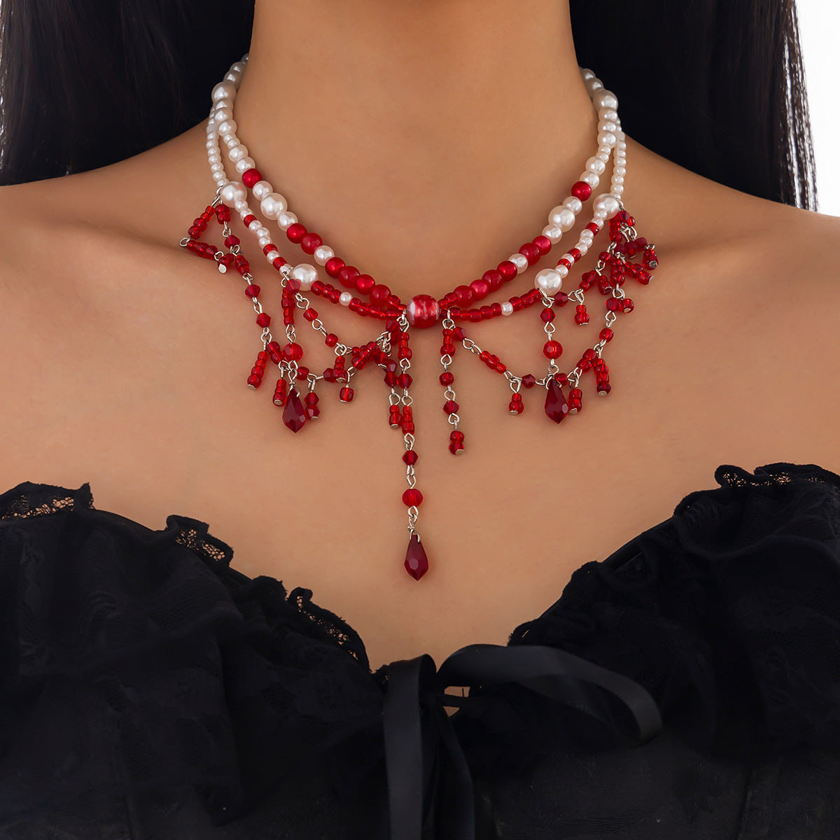 Gothic bat blood-stained fringed clavicle multi-layer necklace, European and American cross-border niche beaded blood handmade necklace women