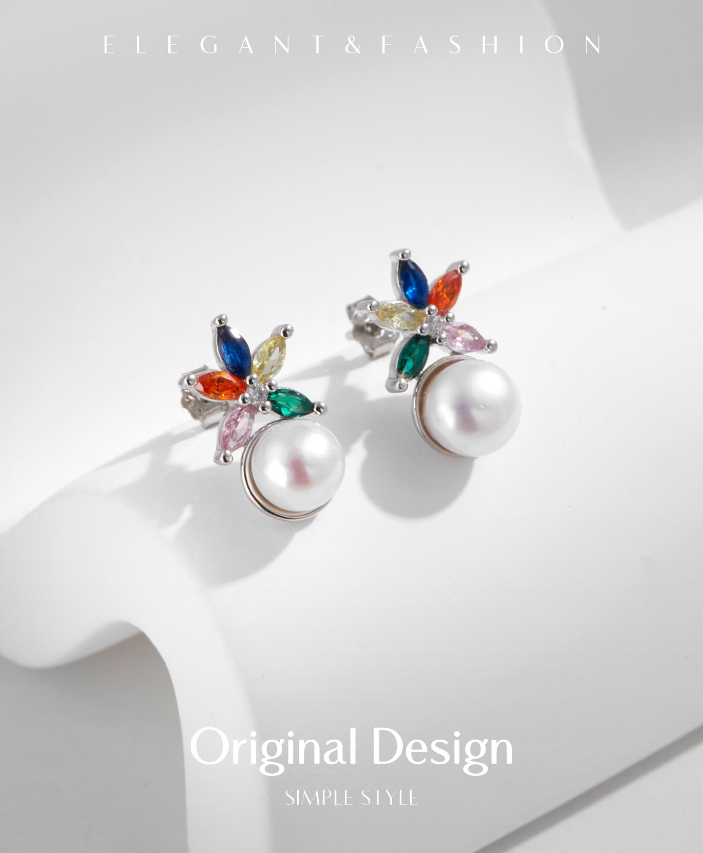 Planderful Everyday Genie Earrings – Elegant Rainbow Zircon and Pearl Design