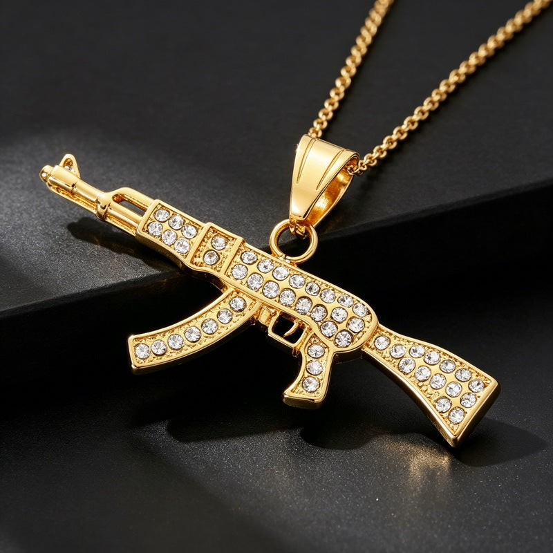 Hip Hop Street Hardcore Military Wind Submachine Gun Shape Pendant Punk Gi Stainless Necklace