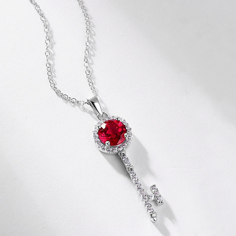 S925 Sterling Silver Lab-Grown Ruby Key Minimalist Necklace