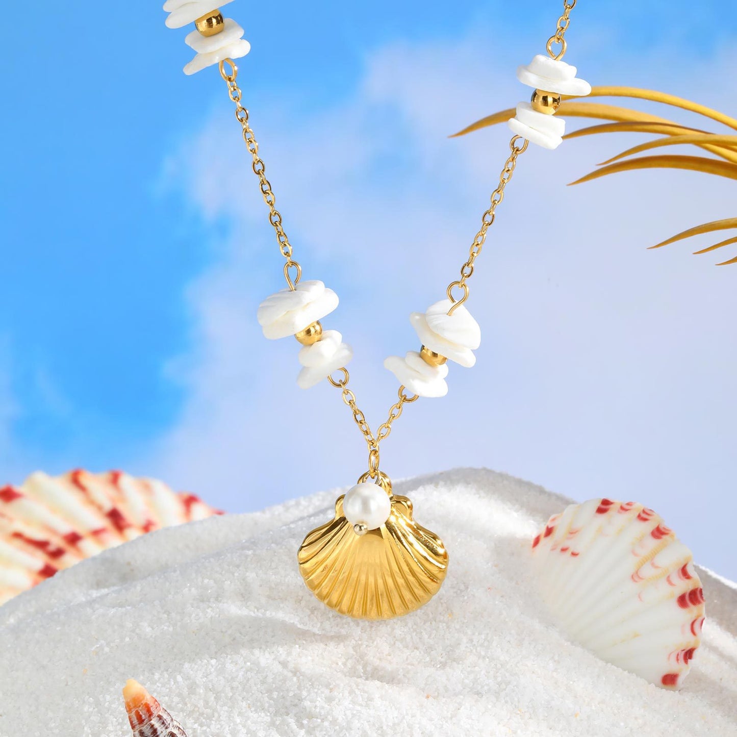 Seaside Summer Small Fresh Ocean Wind Stainless Steel White Shell Square Piece Metal Necklace