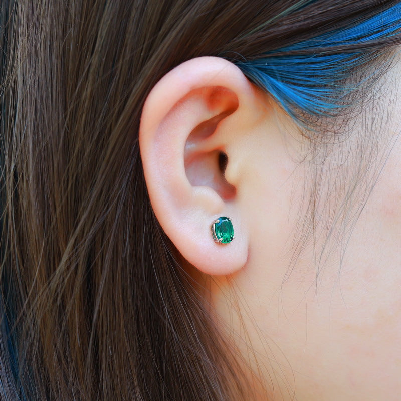 S925 Sterling Silver Lab-Grown Emerald Oval 5 × 7 mm Stud Earrings