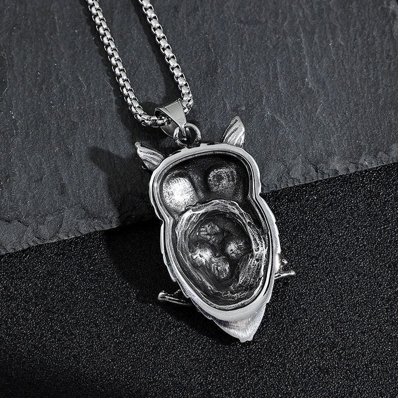 Planderful Owl Skull Pendant Necklace Retro Punk Stainless Steel Statement Jewelry For Goth Fashion
