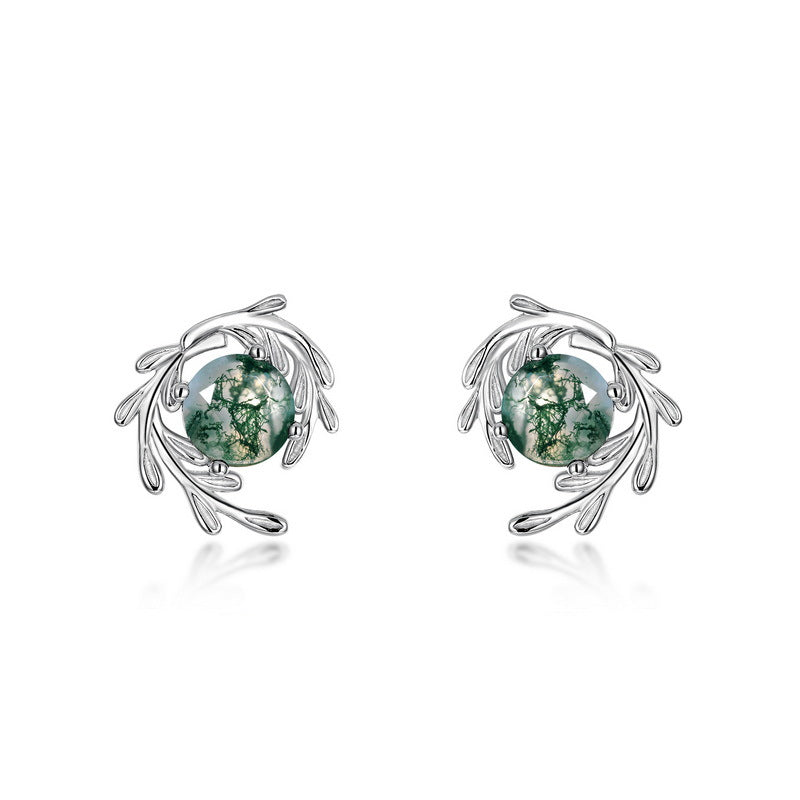S925 Sterling Silver Moss Agate Minimalist Stud Earrings