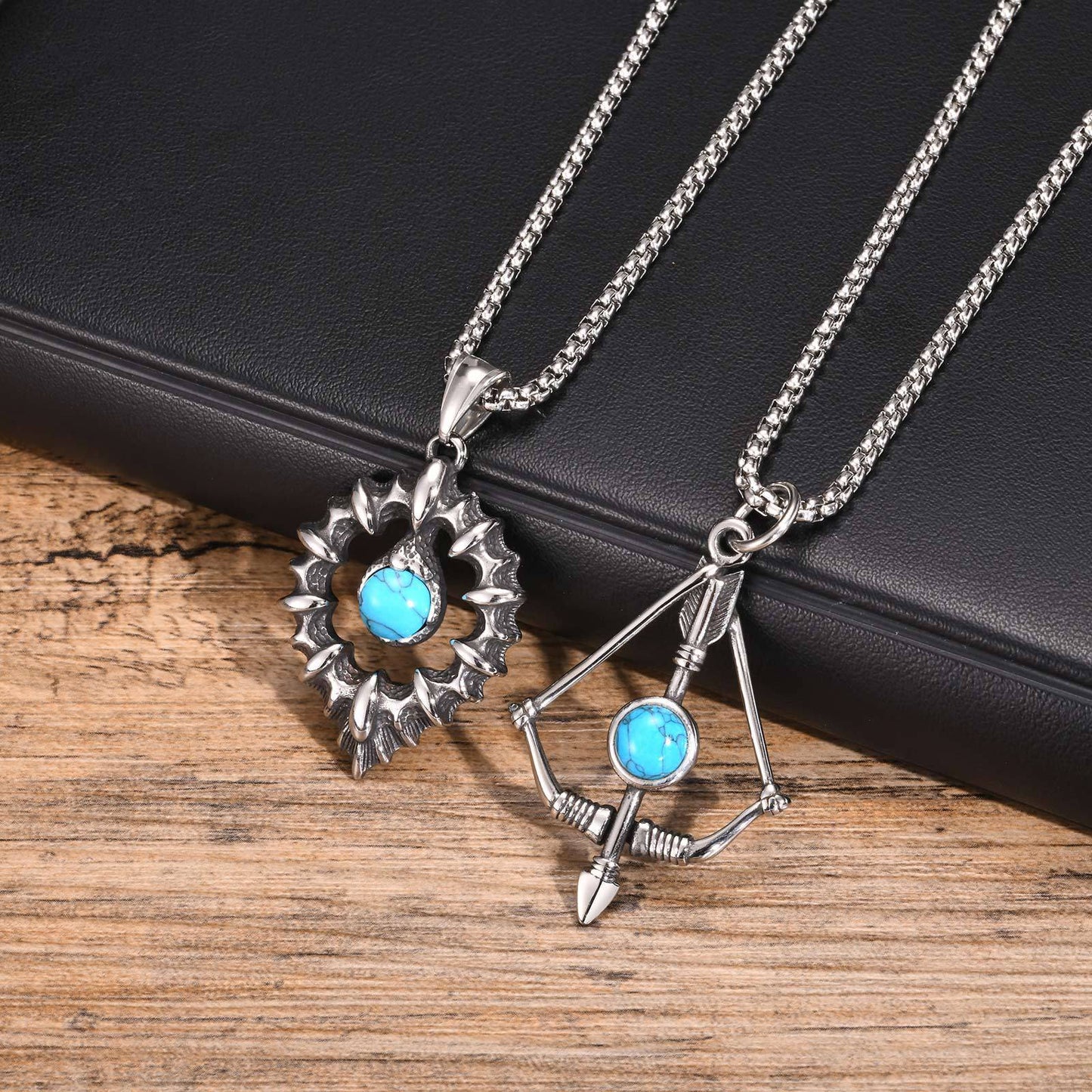 Jewelry Vintage Stainless Steel Turquoise Bow Arrow Pendant Necklace Men's Hip Hop