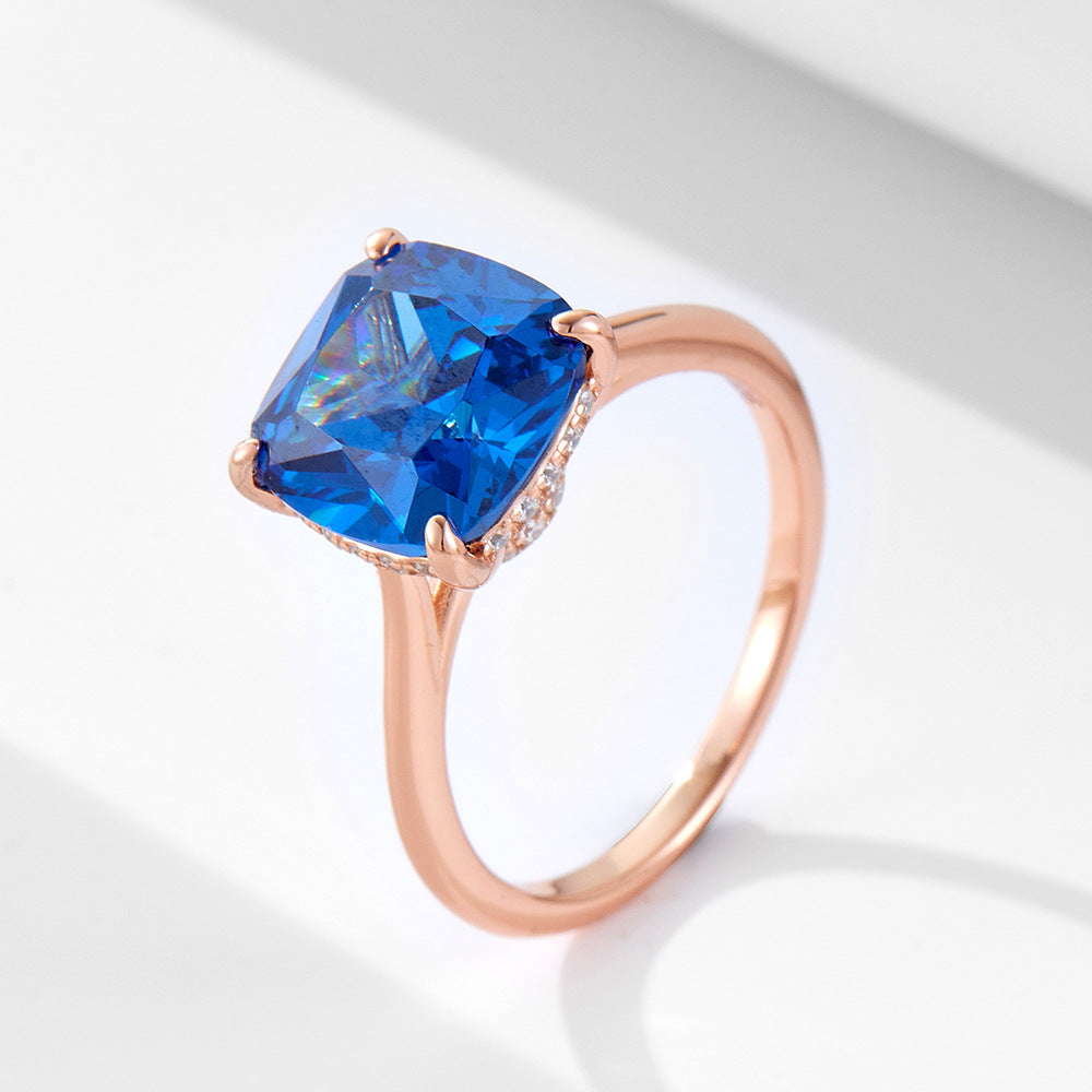 Blue Pillow-Shaped 10 Zircon Sterling Silver-Plated Rose Gold Ring Luxury Color Treasure Quality