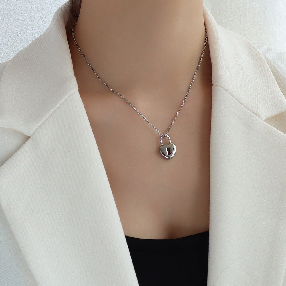 French-Inspired Titanium Steel Key Lock Pendant Necklace with 18k Gold Chain - Couple Necklace Set