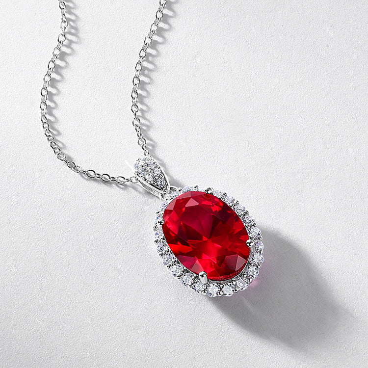 S925 Sterling Silver Lab-Grown Ruby Oval Faceted Necklace