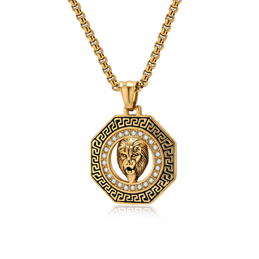Steel Necklace – Statement Hip Hop Lion Head Zircon Inlay Pendant For Bold Everyday Style