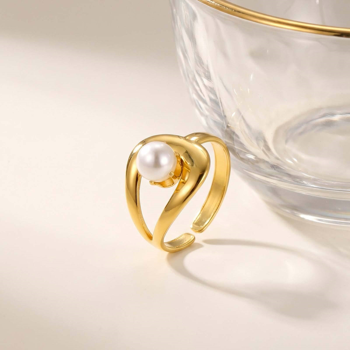 Women's Style – Stainless Steel Imitation Pearl Geometric Lines Open Stacked With Ring