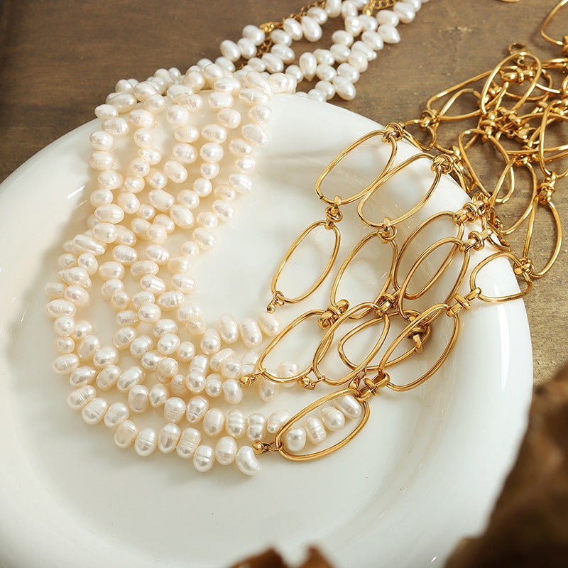 Opulent French Baroque Freshwater Pearl Geometric Chain Necklace