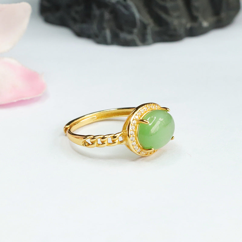 Jade Jasper Zircon Halo Ring - Adjustable Oval Silver Ring