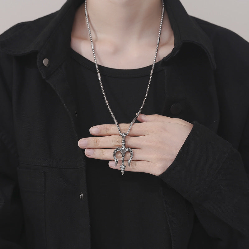 Steel Necklace - Vintage Statement Trident Pendant For Men Everyday Wear Hip Hop Style Planderful