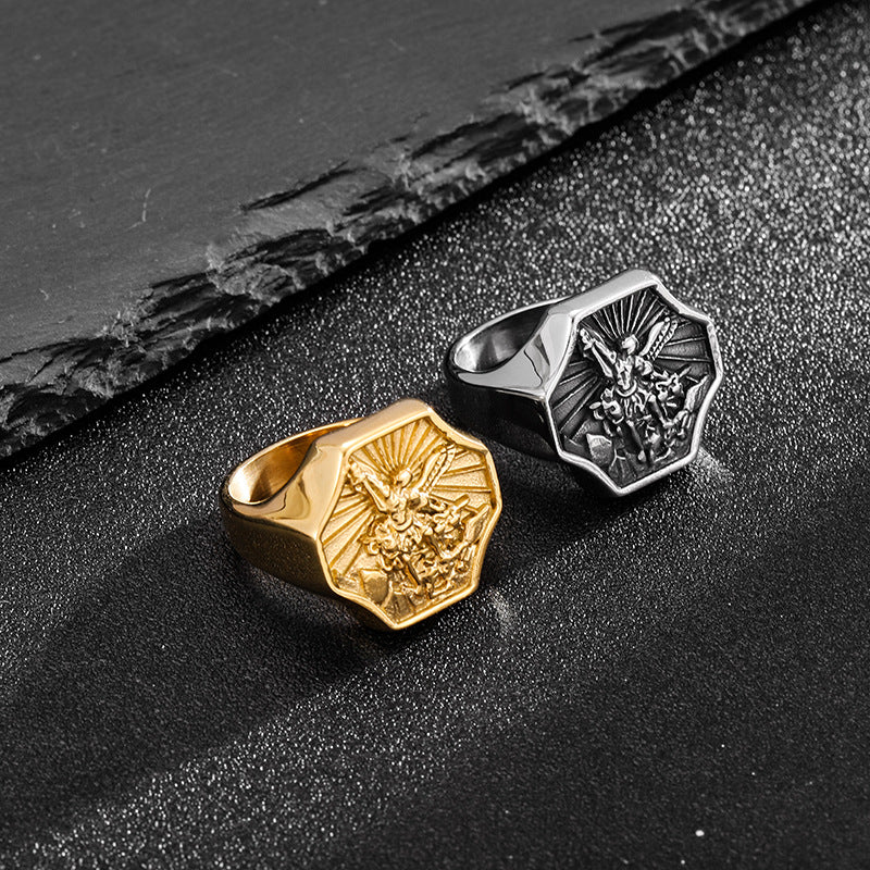 Planderful Saint Michael Ring For Men Titanium Steel Archangel Design Durable Everyday Genie