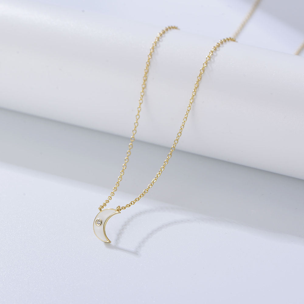 S925 Sterling Silver Women Inlaid Zircon Cold Wind Necklace Epoxy Moon