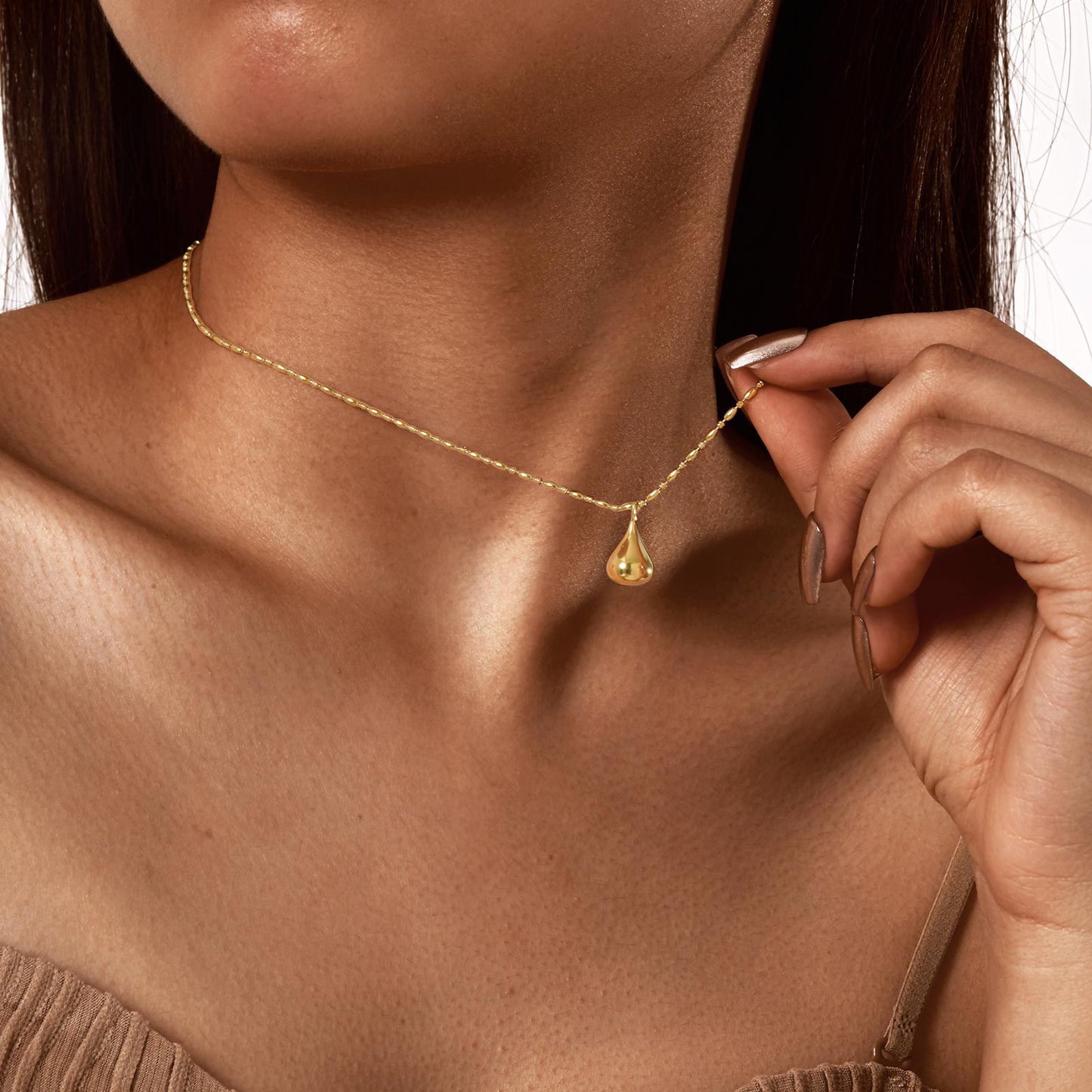 Stainless Steel Rice Bead Separator Chain Water Drop Pendant Necklace Gold Women's