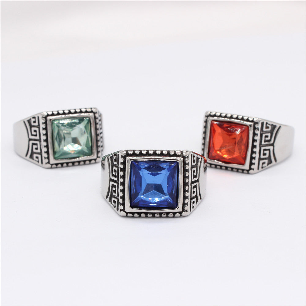 Planderful Titanium Steel Ring With Great Wall Pattern Zircon Unisex Bold Retro European American Style Gift