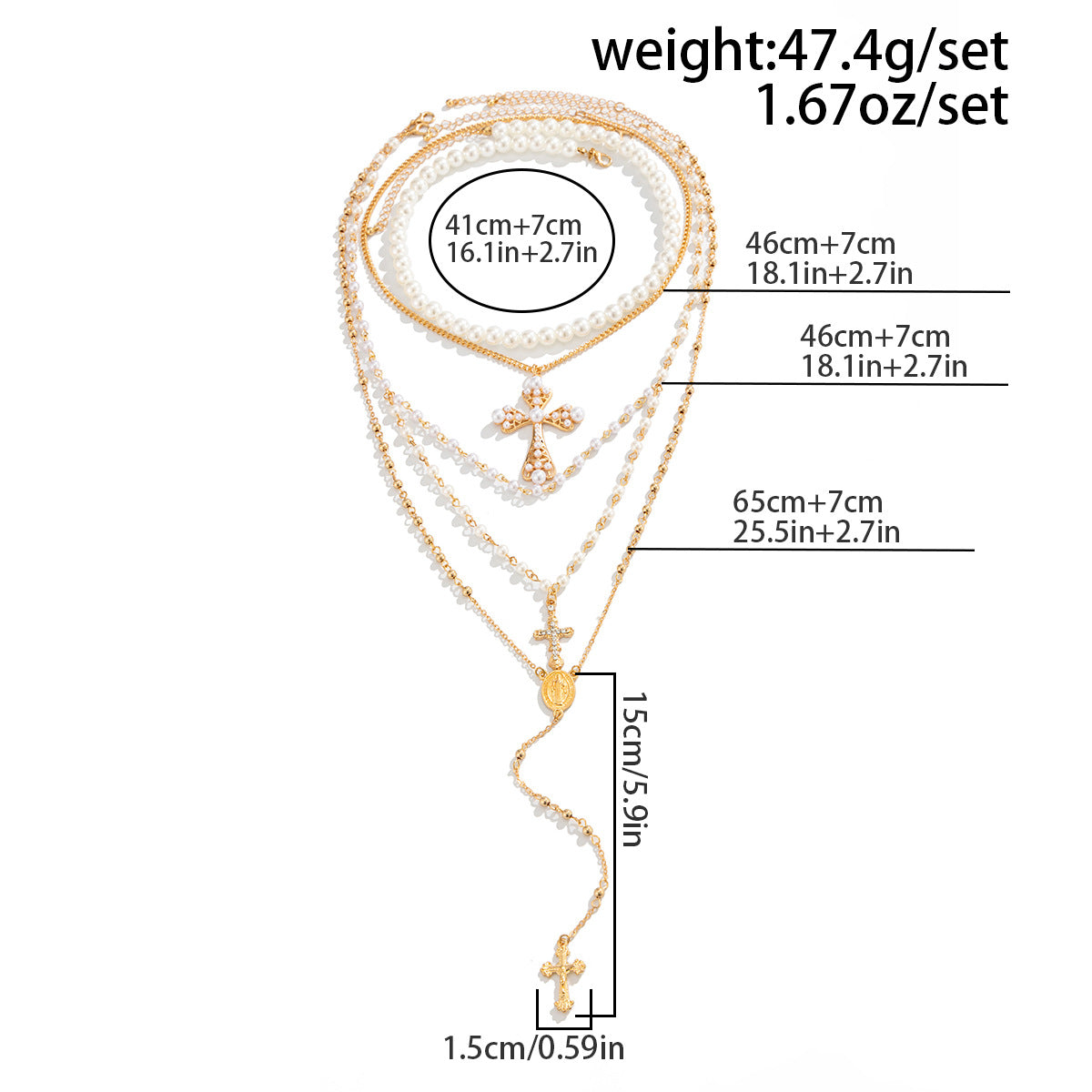 French Stacked Portrait Imitation Pearl Necklace Ethnic Exaggerated Cross Pendant