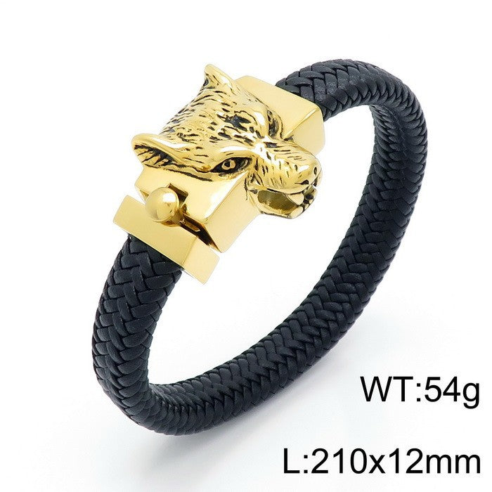 Planderful Wolf Head Leather Bracelet For Men Personalized