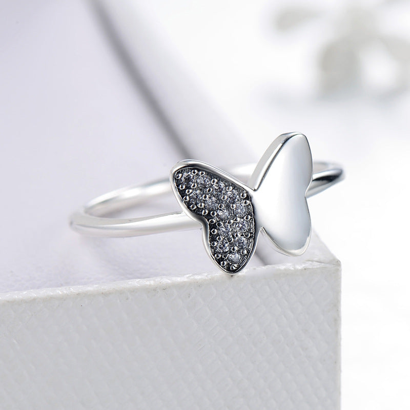 Elegant Butterfly Sterling Silver Ring with Zircon Micro Inlay