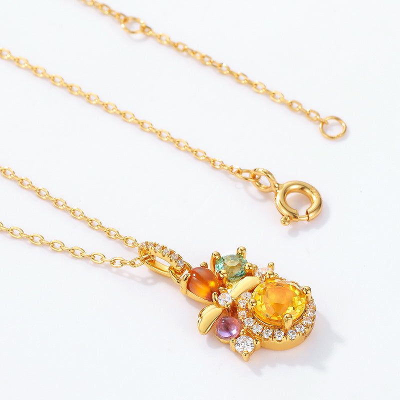 Bee Flower Colourful Gemstones Sterling Silver Necklace