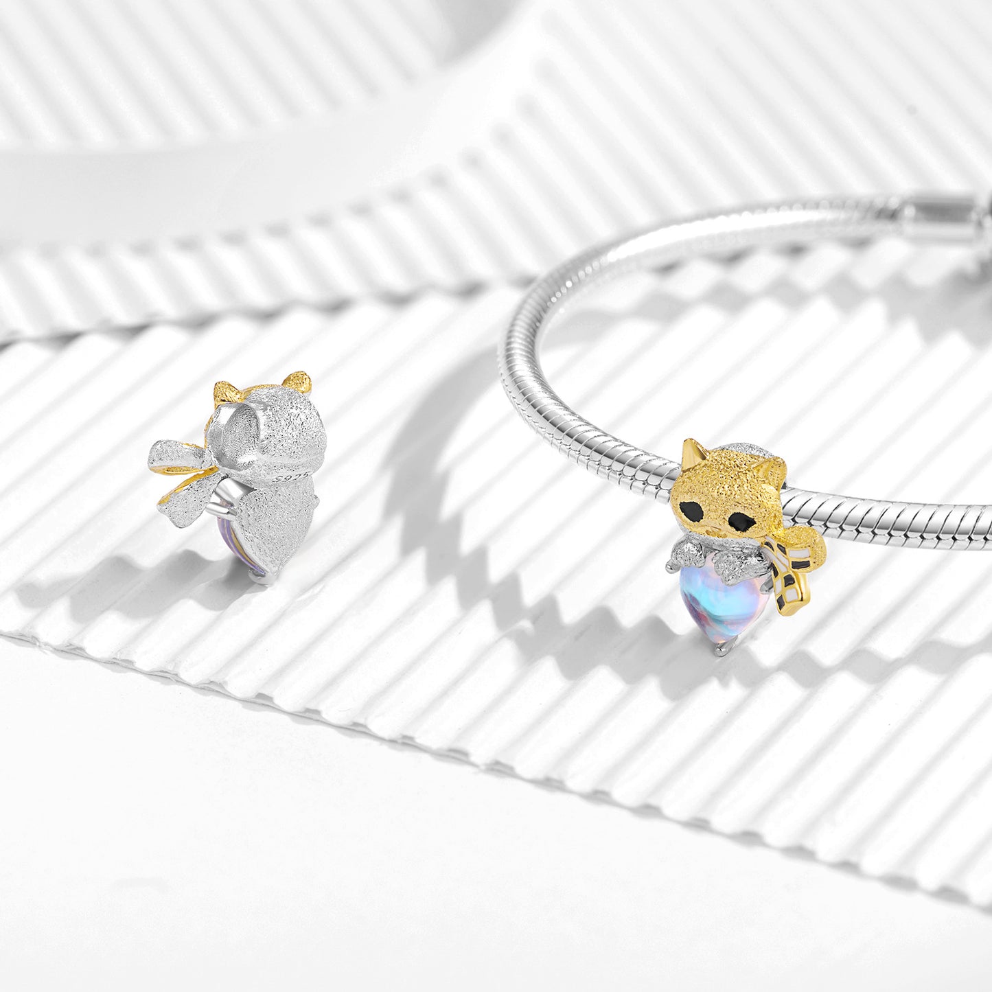 Planderful Everyday Genie Bracelet – Cute Animal Chessboard Scarf Cat Beaded S925 Silver Inlaid Moonstone Jewelry