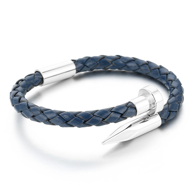 Cowhide Woven Stainless Steel Nail Bracelet – Men's Magnetic Buckle Leather Bracelet