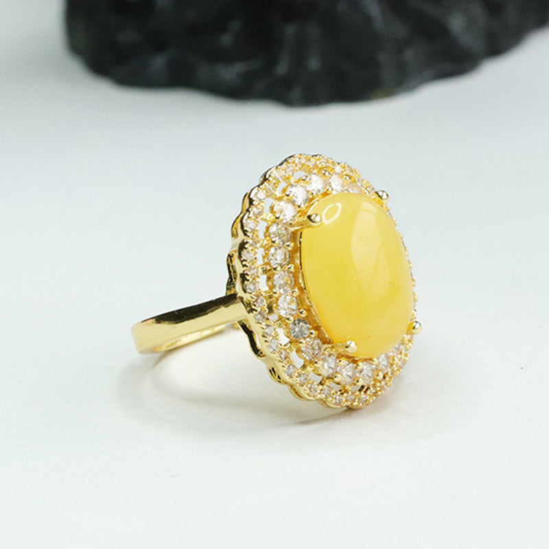 Amber Halo Ring with Zircon Accent and Sterling Silver Band