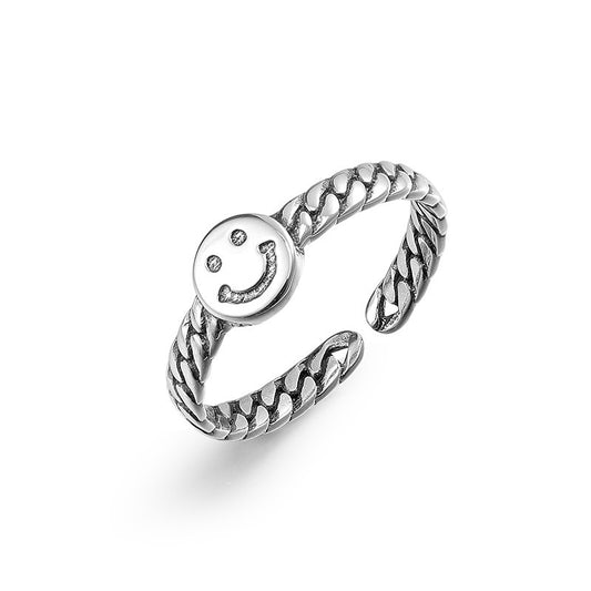 Smiling Face and Chain Design Opening Sterling Silver Ring